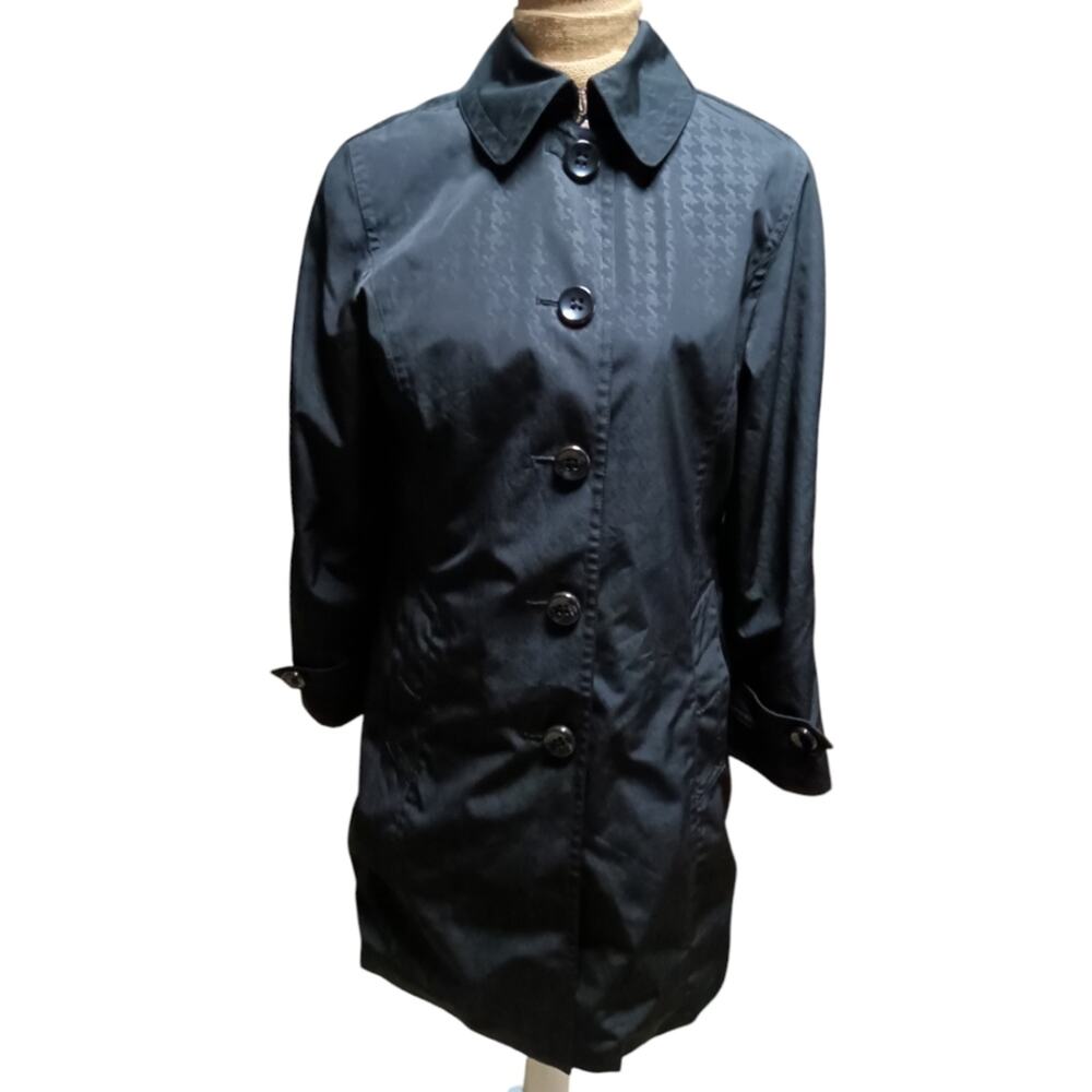 London Fog Black Houndstooth Belted Trench Coat Size M - Picture 2 of 6